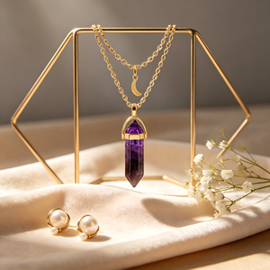 Collar de Cristal Curativo de Doble Capa para Mujer, Colgante de Piedra Preciosa con Forma de Bala de Cristal Hexagonal, Collares con Colgante de Luna para Niñas - Product Image 6