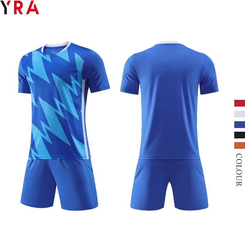 Maille personnalisée polyester séchage rapide manches longues courtes enfants hommes formation vêtements de football en gros maillot de football uni bleu rouge 2024