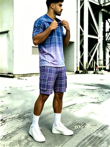 Ensemble de survêtement 2 pièces pour homme : T-shirt dégradé bleu-violet à carreaux et short cargo à carreaux - Product Image 1
