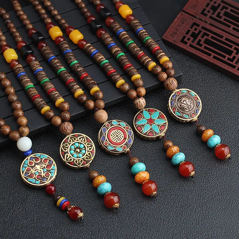 nepal Vintage Ancient Natural Stone pendant necklace Ethnic Style Tower Feather tassel pendant boho long beaded necklace women