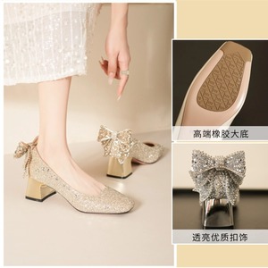 Mary Jane Pumps Glitter Bow Block <b>Heel</b> High <b>Heel</b> <b>Closed</b> <b>Toe</b> Slip-On Wedding Bridal Shoes 5688E-177 - Product Image 5