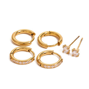 Boucles d'oreilles créoles en acier inoxydable plaqué or avec zircon, clous d'oreilles pour femme, ensemble de bijoux fantaisie, cadeau - Product Image 5