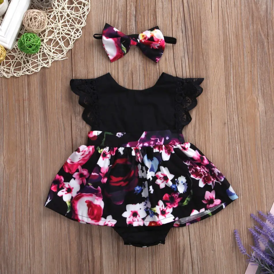 Yenidoğan bebek bebek kız dantel çiçek Romper tulum kafa giyim kıyafet 2 adet Set güzel bebek giyim seti