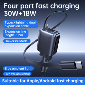 Chargeur de voiture rétractable 4 en 1 réglable à 180 degrés, charge rapide PD, câbles doubles USB Type C pour iPhone Samsung, accessoires de voiture - Product Image 2