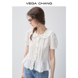 VEGA CHANG Camicetta <span class=keywords><strong>Bianca</strong></span> con Bordo in <span class=keywords><strong>Pizzo</strong></span> e Collo a O per Donne, Manica Corta, Orlo con Volant, Bottoni Frontali, Top Casual con Peplum - Product Image 2