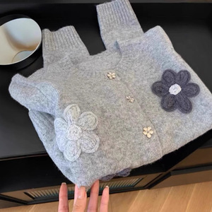 Women's Gray Floral Knitted <b>Cardigan</b> Loose Fit Single Breasted Autumn Winter Korean Style Sweater Top Anti Pilling - Product Image 2