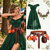 Set Kostum Peri Elf Renaisans, Gaun Peri Hutan Abad Pertengahan dengan Korset, Sabuk, Kantong, Hiasan Kepala Daun, Pakaian Cosplay Halloween