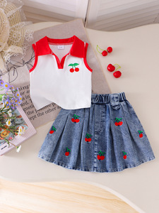 Nouvelle collection 2026 : Ensemble décontracté pour enfants – <span class=keywords><strong>Gilet</strong></span> <span class=keywords><strong>blanc</strong></span> à col rouge et jupe bleue - Product Image 3