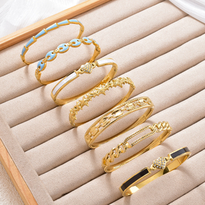 Enamel <b>Stacked</b> Bulk Wholesale 18K Gold Plated Stainless Steel Heart Design Zircon Elegant Versatile Unisex Bangle <b>Bracelet</b> Set - Product Image 3