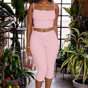 Conjunto de 2 Piezas para Mujer, Verano, Bordado, Top Corto de Encaje y Punto Acanalado, Pantalones Cortos por Encima de la Rodilla, Estilo Casual, Color Rosa - Product Image 3