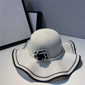 Chapeaux de paille élégants et luxueux en camélia, écologiques, à large bord ondulé, avec fleurs et chaîne de perles, pour femme, style sombrero de camélia - Product Image 3