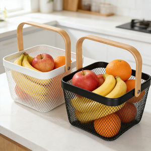 Panier de rangement blanc de haute qualité pour pique-nique, panier à fruits en fer forgé avec poignée en bois - Product Image 1