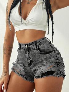 Shorts en jean déchirés noir-gris vieilli pour femmes, taille haute, skinny, hot pants - Product Image 2