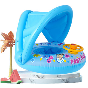 Bouée de natation pour bébé et tout-petit 80x65cm avec pare-soleil et volant, motif dessin animé, jouet aquatique - Product Image 1