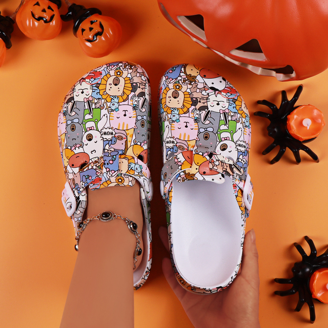 Women's Skeleton Rose Printed Flat Sandals Summer Spring Fashionable Platform Clogs Custom Buckle Straps Halloween Costume