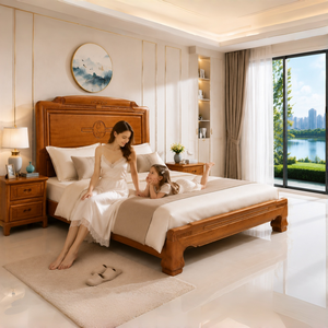 Cadre de lit en bois massif de style chinois moderne, taille King Queen, ensemble de meubles de chambre à coucher de luxe en bois dur, OEM ODM - Product Image 1