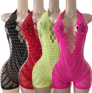 Viviblook Z228RP Combinaison Sexy Femme Nouveau Style Halter Strass Maille Transparente Évidée - Product Image 2