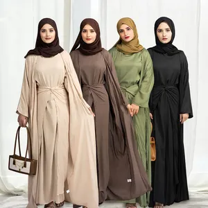 Hot Selling Islamic Women Modest Kleider Einfarbiger Wickel rock Leinen Basic Kleid 3 Stück Abaya Set