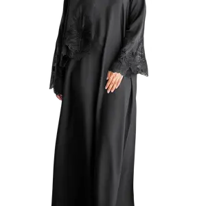 Malaysia muslim Islam bernapas bordir ruffle pakaian lengan panjang untuk wanita femme abaya