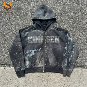 Nuevo Diseño Vintage, Conjunto de Sudadera con Capucha y Pantalones Deportivos de Dos Piezas para Hombre, Logotipo Personalizado Impreso, Conjunto Deportivo con Pedrería y Efecto Desgastado - Product Image 2