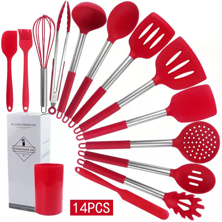 Utensilio de cocina para el hogar, herramienta de cocina de silicona con mango de acero inoxidable, color rojo, 14 en 1, conjunto de accesorios de cocina de silicona
