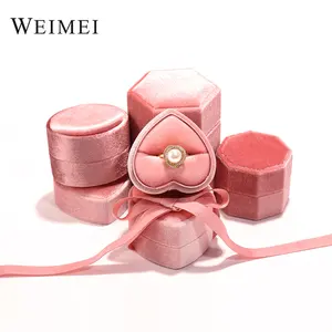 Venta al por mayor cinta de seda regalo joyería embalaje terciopelo rosa anillo colgante cajas de almacenamiento cajas de joyería con múltiples formas