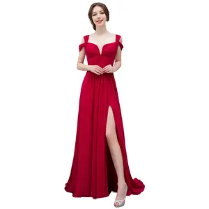 Red Evening Dresses Long Chiffon V neck Front Slit Sexy Navy Blue Long Prom Formal Evening Gown