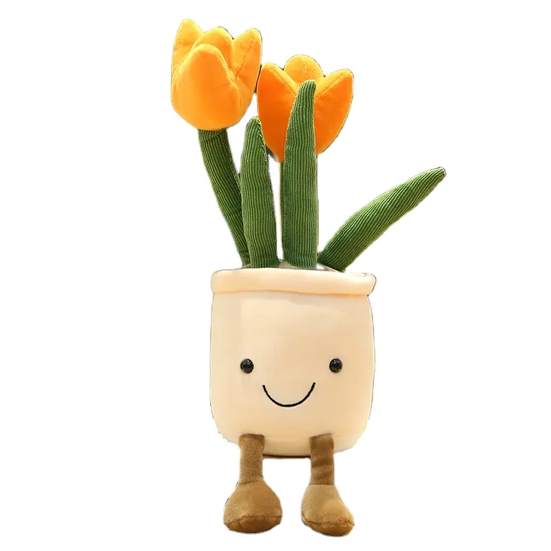 30CM Soft Fluffy Plant Friend Hugging Cushion Orange Flower Pot Stuffed Throw Plushie Pillow Doll Tulip Plush Toy for Present