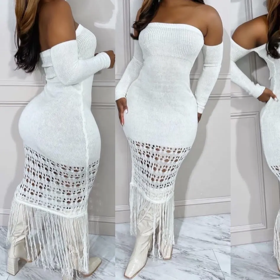 newest fall winter spring long maxi elegant bodycon knitted sweater tassel off the shoulder sexy women's dresses casual dresses