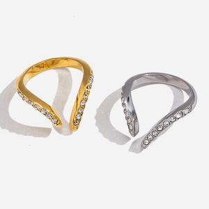 <b>Open</b> <b>Ring</b> With White Diamond Lines Geometric Stainless Steel Women's Jewelry Gift Pave Setting - Product Image 1