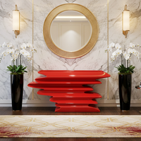 Table console de forme irrégulière unique, table d'entrée, piédestal sculptural décoratif contemporain, support fantaisie en laque rouge, hall d'hôtel