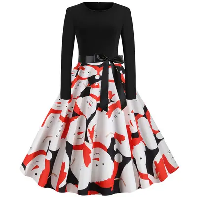 Vestido de Navidad de manga larga con cuello de pico para mujer, Vintage ropa elegante con estampado de Papá Noel para fiesta de Navidad, color negro, Swing grande, talla grande