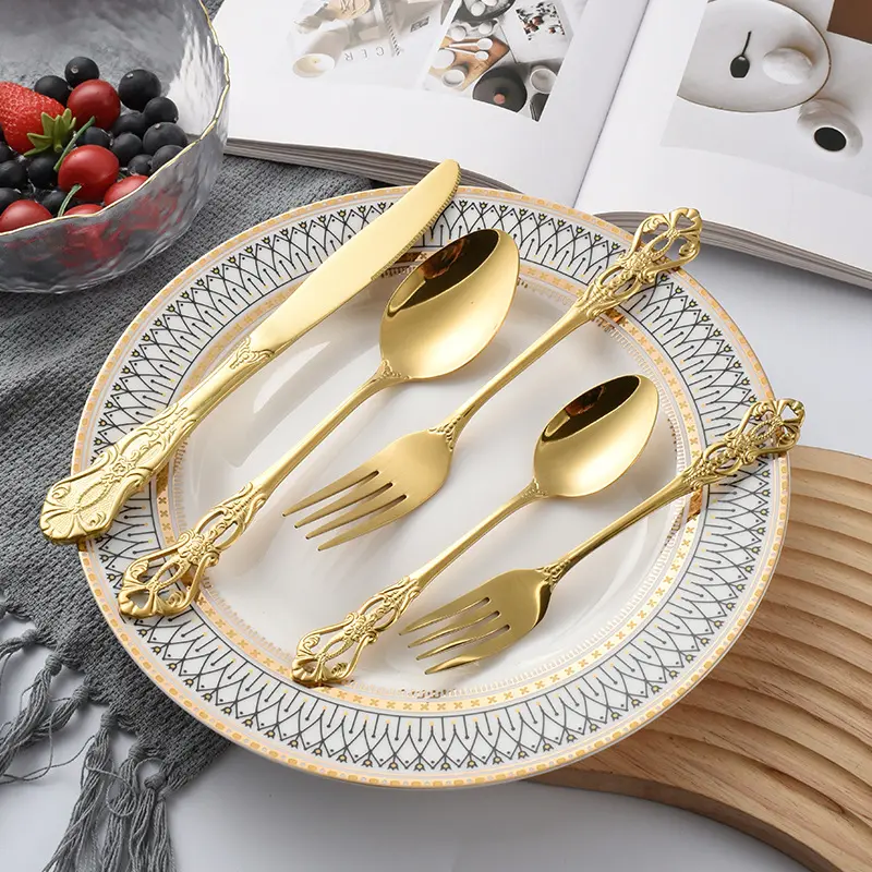 410 Stainless Steel Knife Fork and Spoon Creative Relief Hollow Out European Hotel Steak Knife and Fork Tableware