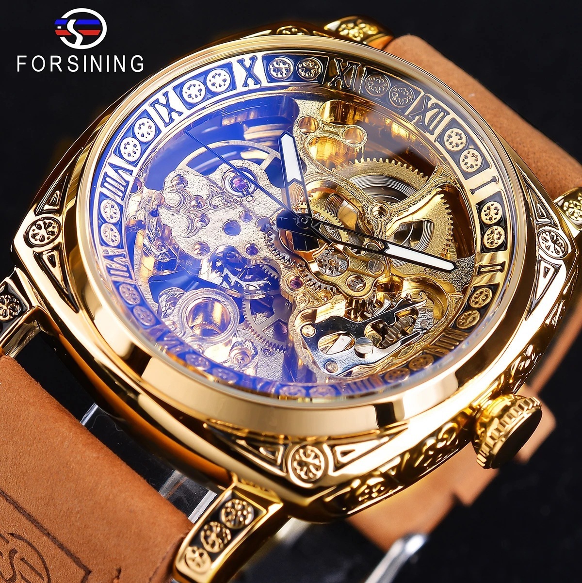 FORSINING GMT1233 高級スクエア透明スケルトン自動巻き腕時計 