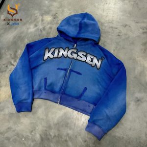 เสื้อฮู้ดดี้ผ้าเฟรนช์เทอร์รี่สไตล์วินเทจแบบซิปคู่ ล้างสีแบบแอซิดวอช ทำสีซีดแบบซันเฟด มีกระเป๋าแต่งแบบดิสเทรส พร้อมสกรีนโลโก้ตามสั่งแบบ OEM - Product Image 5
