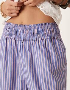 100% Cotton Summer Petite <strong>Shirred</strong> <strong>Waist</strong> <strong>Trousers</strong> for Ladies Stripe Line Plaid Wide Leg Breathable Sleepwear Pants for Daily Life - Product Image 3