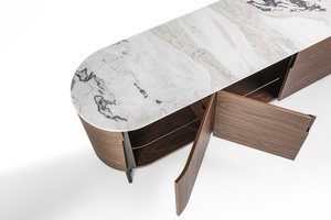 Buffet en Noyer Massif Courbé avec Plateau en Pierre Frittée, 4 Portes, Luxe Moderne, Meuble de Rangement Multifonctionnel pour Salle à Manger, Salon, Villa - Product Image 3