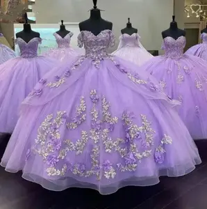 Off Shoulder Purple Princess Quinceanera Dresses Puffy 3D Lace Applique Sweet 15 16 Ball Gown Dresses