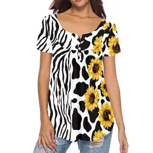 2023 Neuankömmling Hochwertige Sommer Button Up Kurzarm Blumen hemd Frauen Leoparden muster Sonnenblumen oberteile