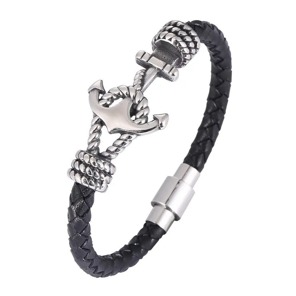 Anchor Stainless Steel Braided Leather Bracelet for Men Women Leather Wristband Cuff Bangle Bracelet Magnetic Clasp