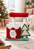 Grand arbre à chat de Noël festif moderne avec niches douillettes, griffoirs, plateformes d'escalade et balles suspendues