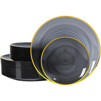 Assiettes jetables en plastique noir de qualité supérieure, design Spiralique élégant, couleur anthracite teinté, avec bord doré