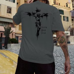 T-shirt FOXA Christian Faith Over Fear pour homme, t-shirt graphique religieux surdimensionné avec motif croix, 100% coton, manches courtes - Product Image 4