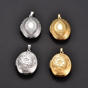 Collier pendentif médaillon ovale en acier inoxydable gravé floral pour femme, cadre photo souvenir, breloques, chaîne, bijoux en métal - Product Image 4