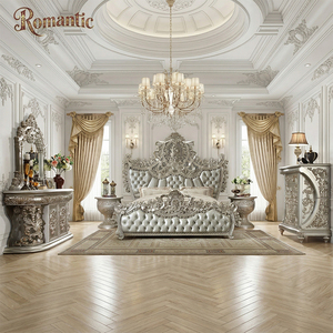 Muebles de Dormitorio de Lujo Estilo Francés, <span class=keywords><strong>Cama</strong></span> Plateada con Detalles en Oro y Tallado Calado para Decoración Interior de Villas y Palacios Reales - Product Image 1