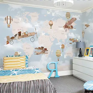 Phòng trẻ em phim hoạt hình thế giới bản đồ hình nền khinh khí cầu máy bay nền tường vải trai cô gái phòng ngủ 3d hình nền
