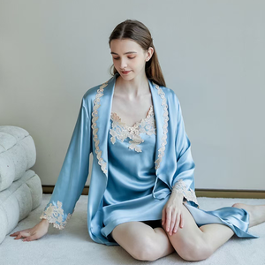 Conjuntos de Bata de seda 100% de lujo de calidad, nueva ropa de dormir bordada transpirable hasta la rodilla, camisón de seda elegante para mujer para verano - Product Image 6