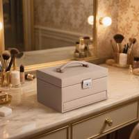 Boîte à bijoux de voyage rectangulaire en cuir PU avec logo personnalisé, fermeture à clé, doublure marron, motif croisé beige