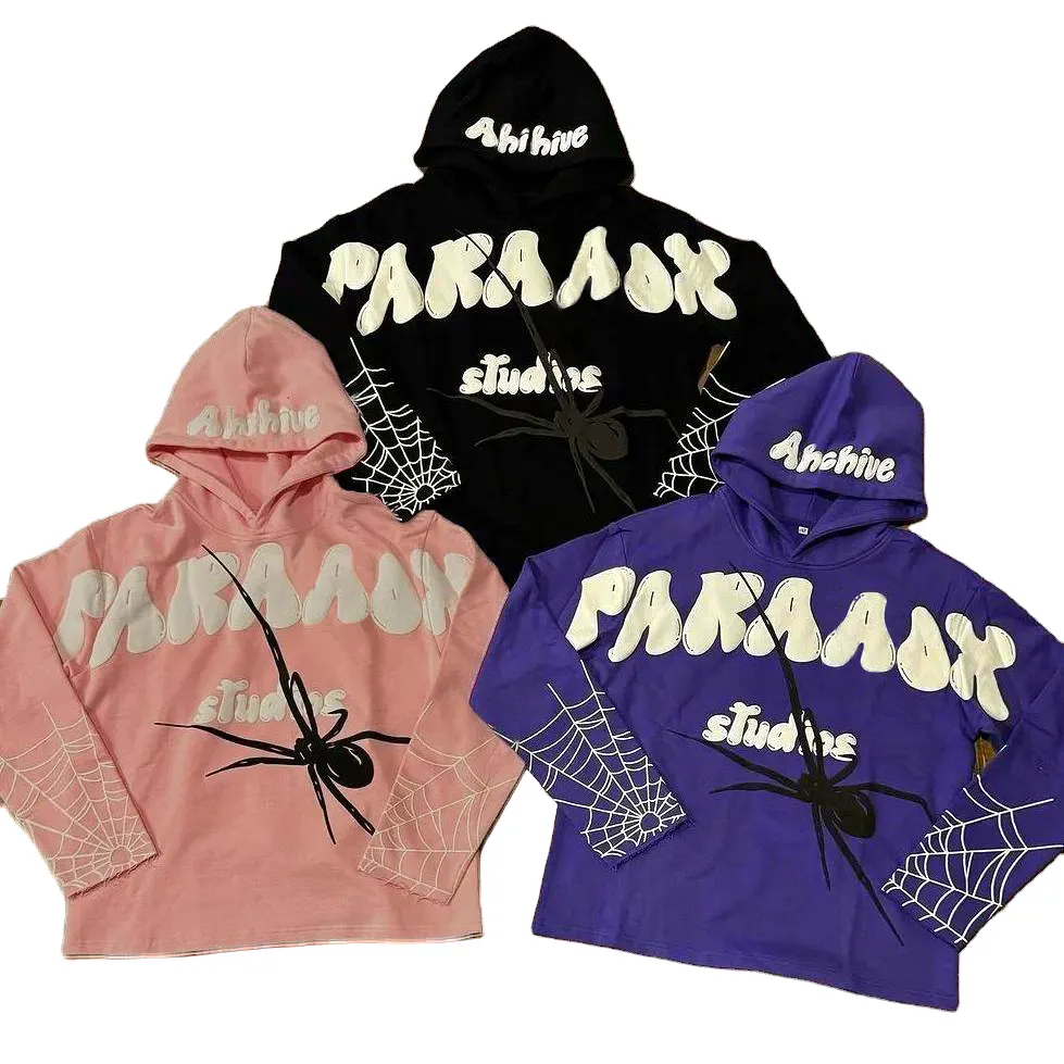 Özel toptan yüksek kalite ağır ağırlık Streetwear pamuk 420GSM örümcek kazak boy puf baskı erkekler örümcek Hoodie