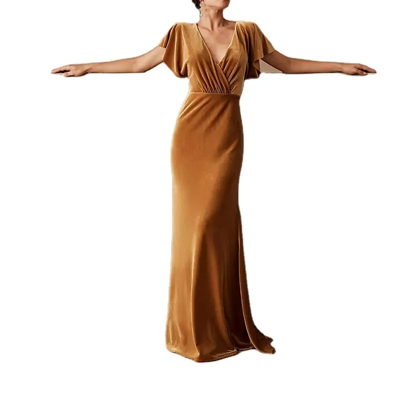 卸売メーカー直販女性ソリッドポリブレンド伸縮性ベルベットマキシドレスフラッタースリーブVネックオープンバックドレス